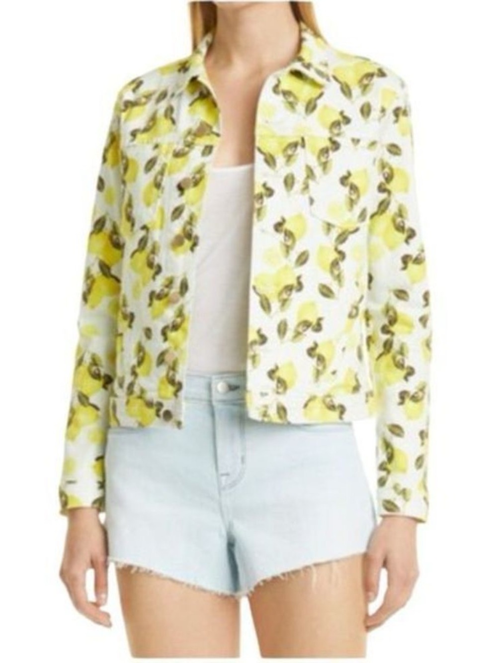 L'AGENCE Celine Lemons Print Yellow White Denim Jean Jacket Size S NWOT - Picture 3 of 8